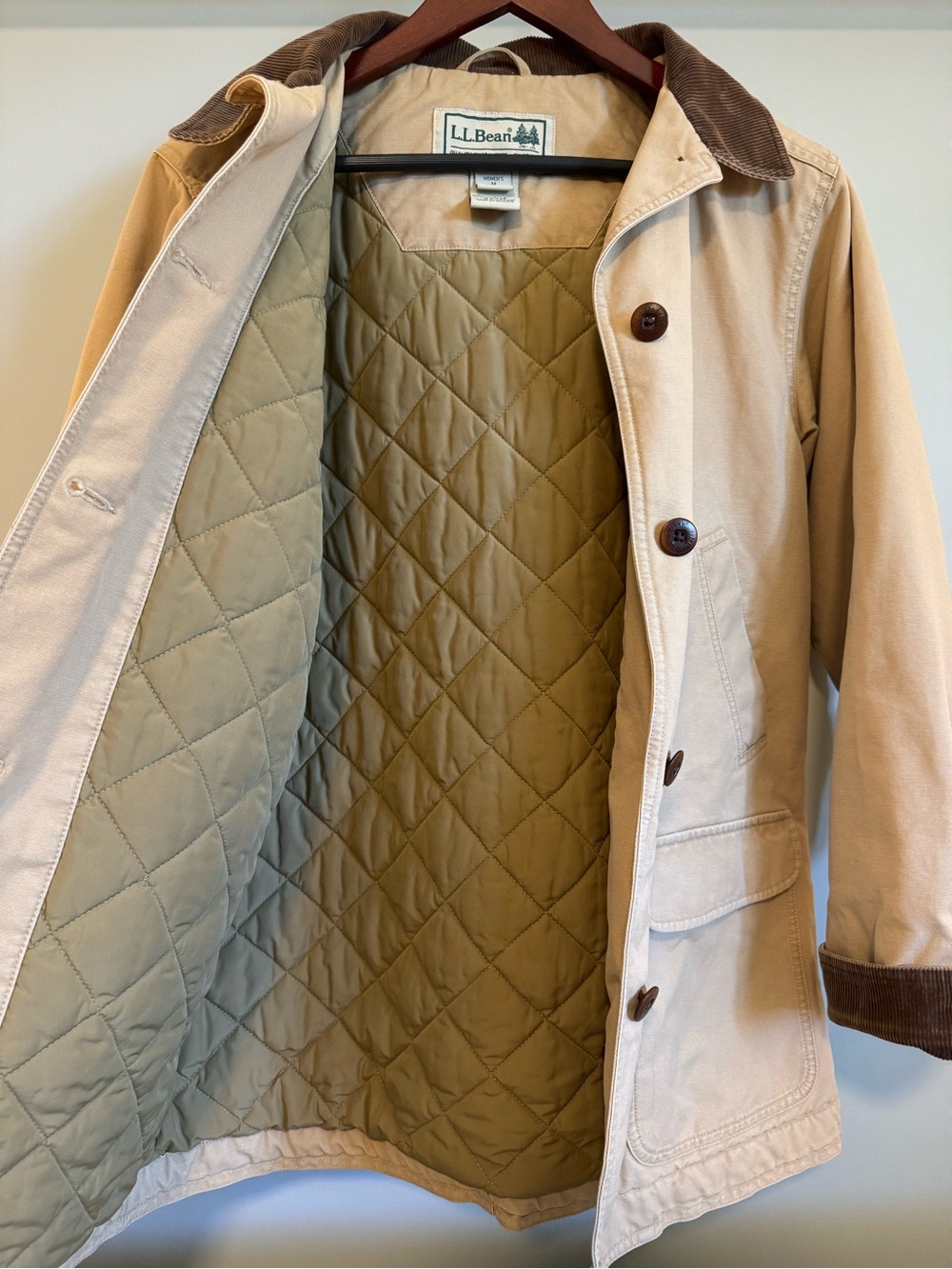 L.L. Bean Women's Khaki Barn Coat with Brown Corduroy Collar - Picture 7 of 10